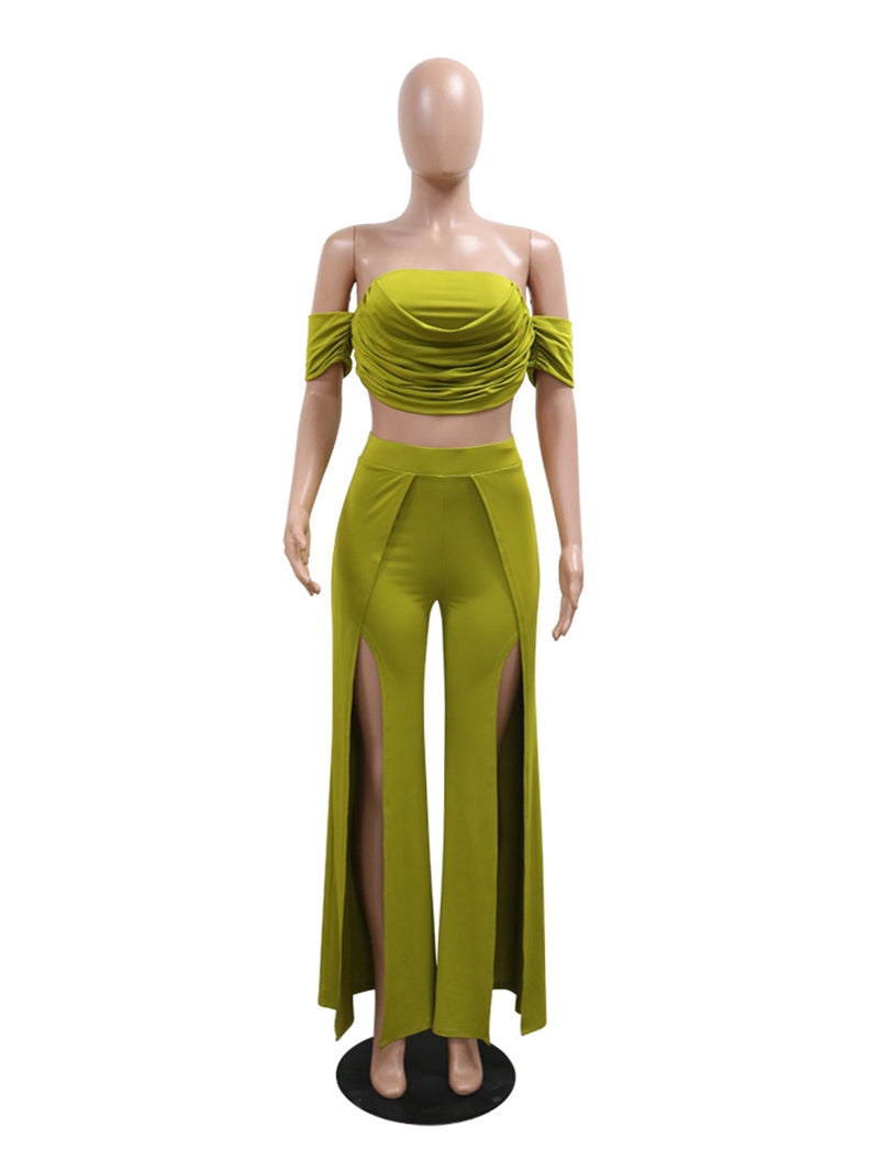 Strapless Top And Slit Wide Leg Pants Two Piece Set