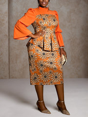 Fashion Floral Print Flare Sleeve Peplum Dress