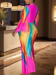 Fashion V Neck Colorful Print Slim Maxi Dress