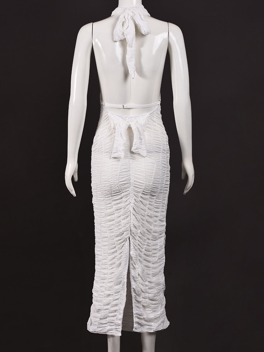 Elegant Halter Backless Textured Bodycon Dress