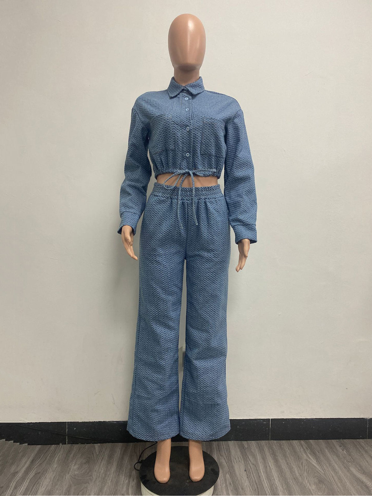 Casual Denim Drawstring Top and Pants 2 Piece Set