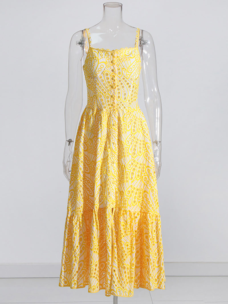 Elegant Embroidered High Waist Slip Midi Dress