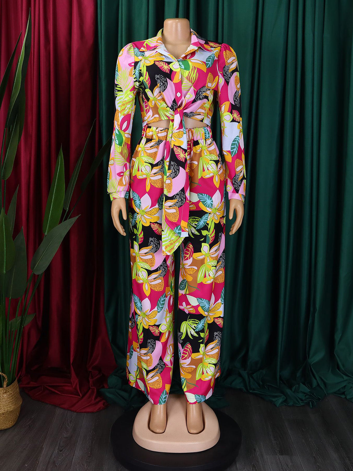 Fashion Print Bandage Shirt Wide Leg Trousers Sets