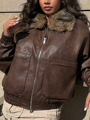 Fashion Loose Pocket PU Leather Jacket