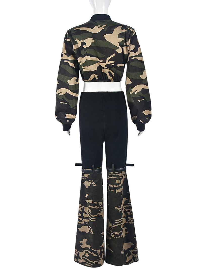 Camouflage Cropped Jacket And Pants Denim Set