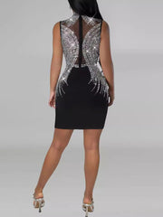 Rhinestones Mesh Patchwork Sleeveless Midi Dress