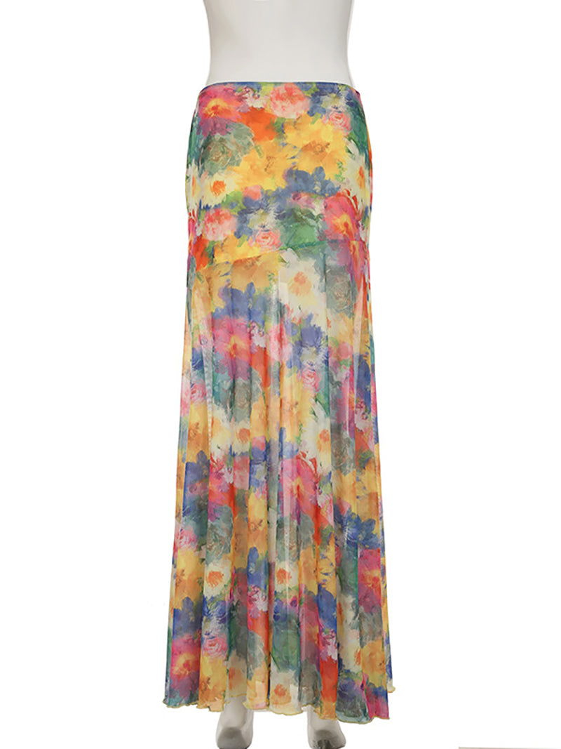 Casual Tie-Dye Print High Waist Mesh Long Skirt