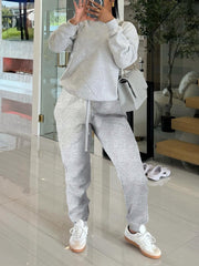 Round Collar Hoodie Drawstring Pants Casual Set