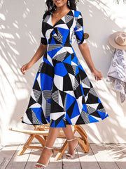 Fashion V Neck Print Short Sleeve Slim Midi Dress