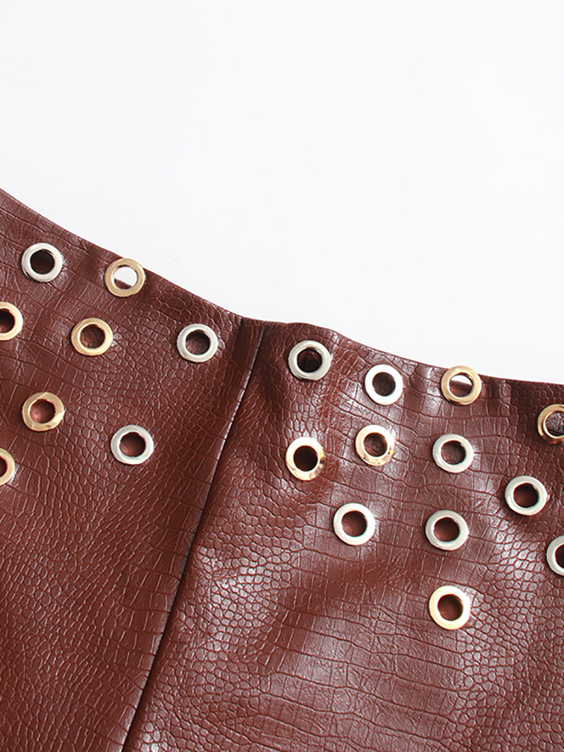 PU Leather Metal Ring Crop Vest High Waist Pant Set