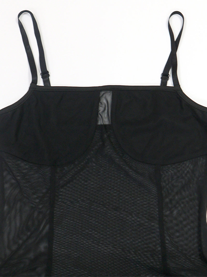 Sexy Sheer Mesh Patchwork Fluff Sleeveless Mini Dress