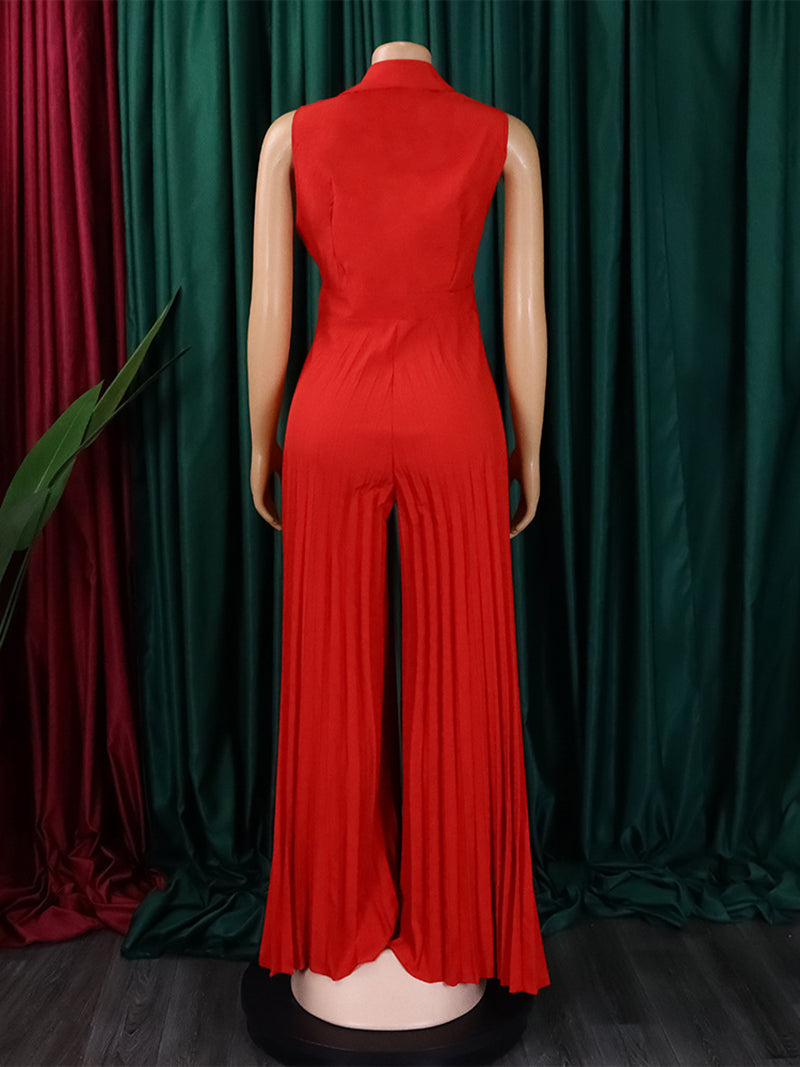 Turn-down Collar Lace-up Pleated Wide Leg Jumpsuit
