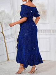 Glitter Off Shoulder Short Sleeve Party Midi Dress