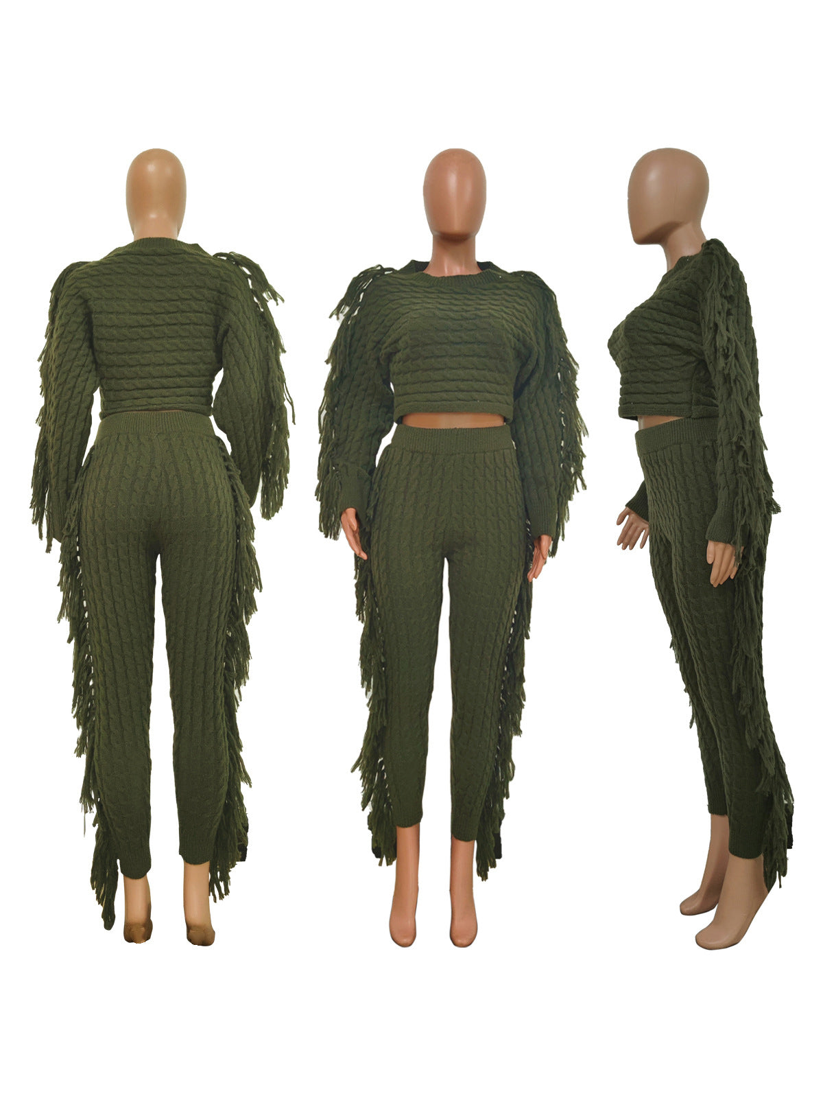 Fashion Knit Tassels High Waist Trousers Sets