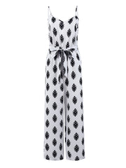 Lace-Up Print Spaghetti Strap Wide Leg Jumpsuit