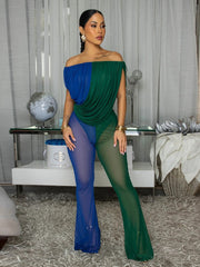 Off Shoulder Ruched Color Block Mesh Jumpsuit