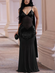 Sexy Elegant Sequin Sheer Mesh Suspender Gown Dress