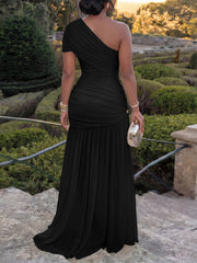 Elegant One-Shoulder Ruched Slit Maxi Dress