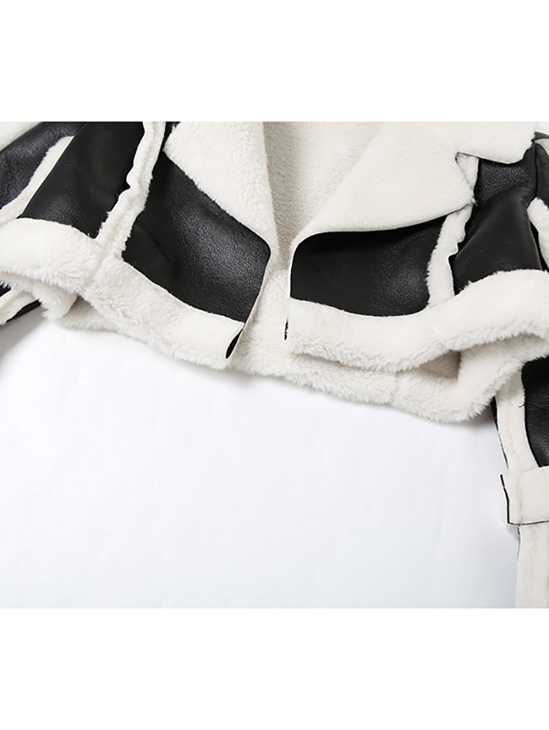 Fashion PU Leather Splicing Fur Collar Cropped Jacket