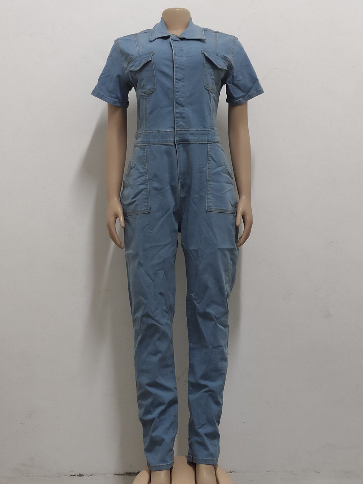 Casual Short Sleeve Button Down Denim Jumpsuits