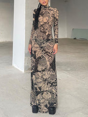 Turtleneck Print Sheer Mesh Bodycon Maxi Dress