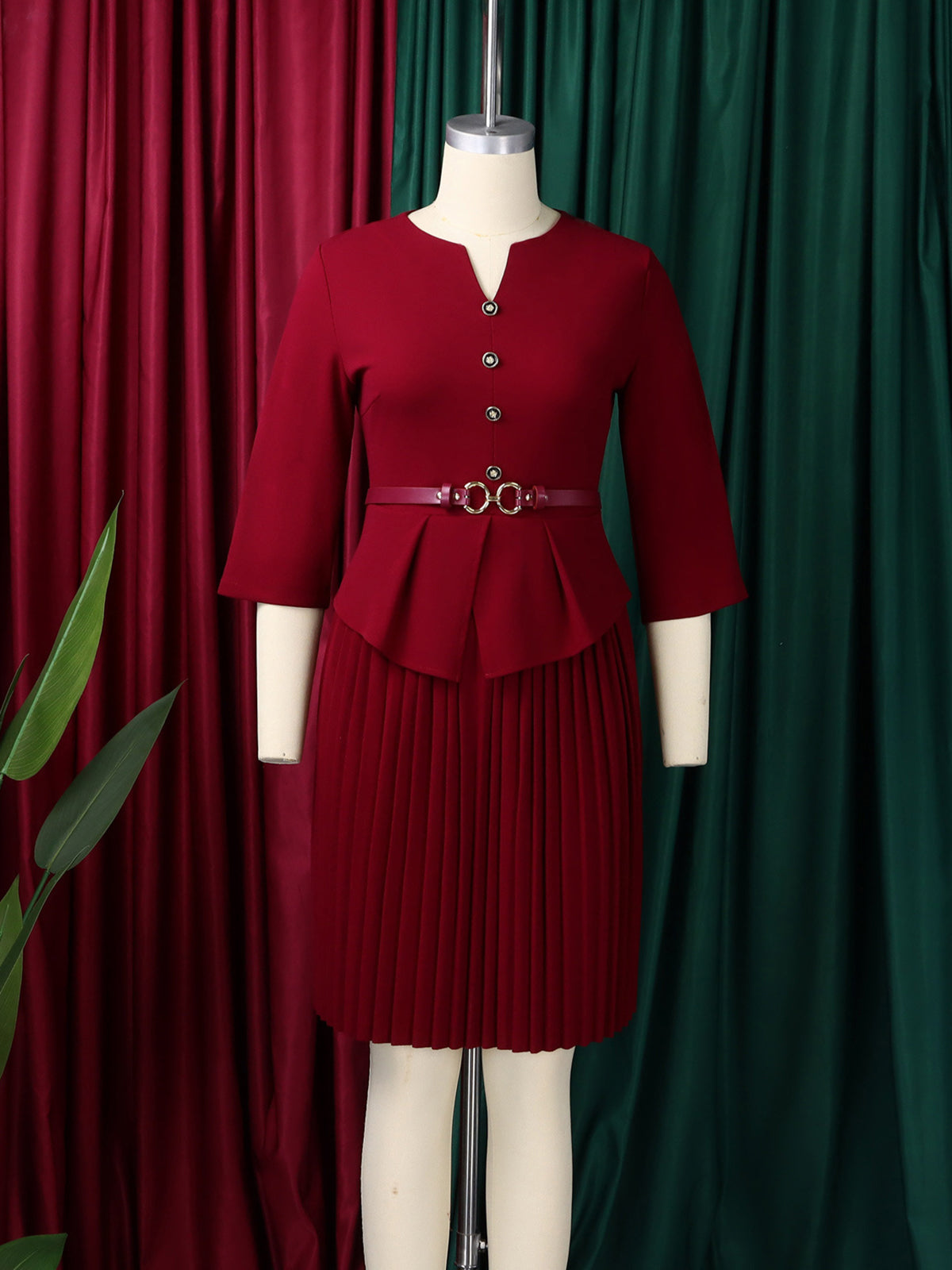 Elegant Belt Slim Pleated Midi Dress