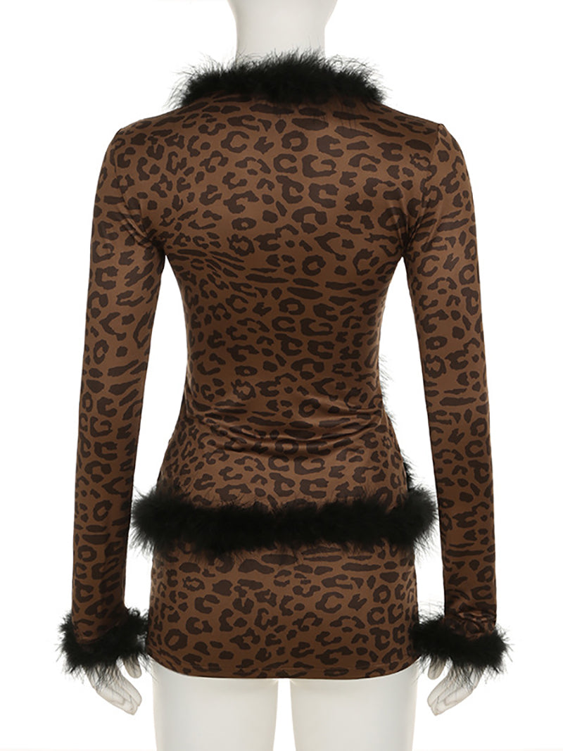 Sexy Fur Patchwork Leopard Print Cardigan Skirt Sets