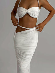 Sexy Pearl Embellishment Halter Tops Long Skirt Sets