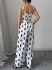 Lace-Up Print Spaghetti Strap Wide Leg Jumpsuit