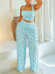 Fashion Polka Dot Halter Backless Fringe Set