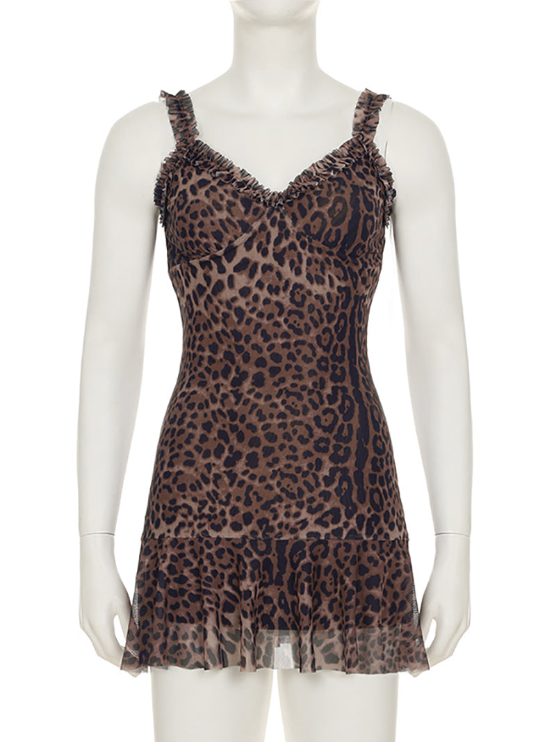 Sexy Leopard Print Backless Mesh Mini Dress