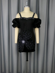 Sexy Off Shoulder Rhinestone Spaghetti Strap Mini Dress