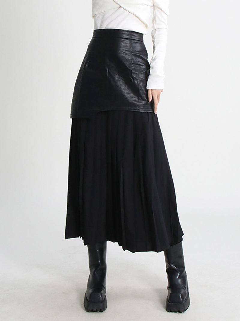 High Waist Pu Leather Patchwork Mesh Pleated Skirt