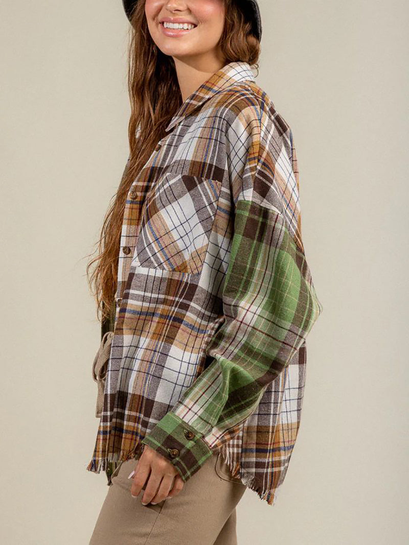 Casual Patchwork Button Loose Plaid Shirt