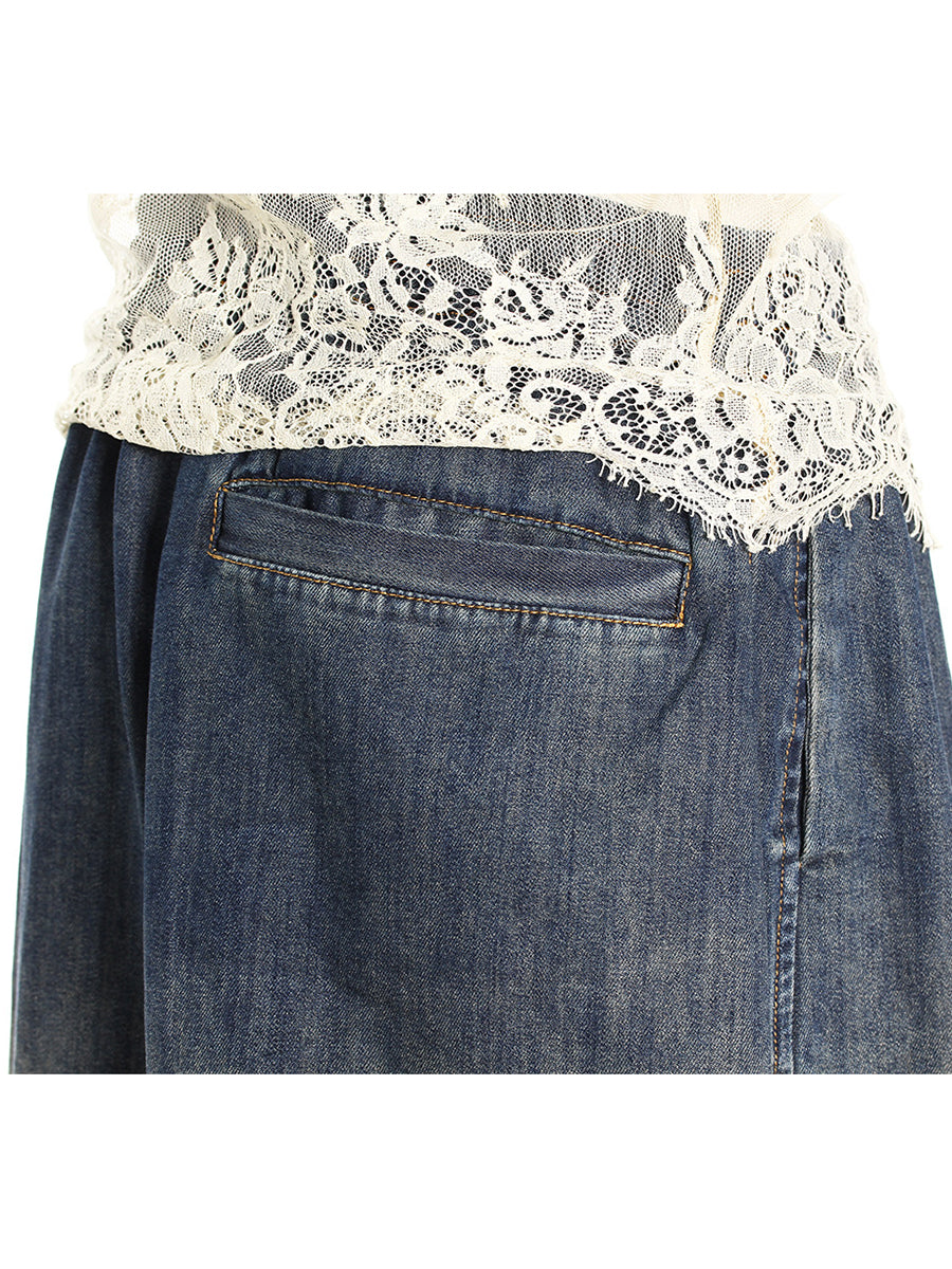 Fashion Lace Patchwork Denim Top and Shorts Sets