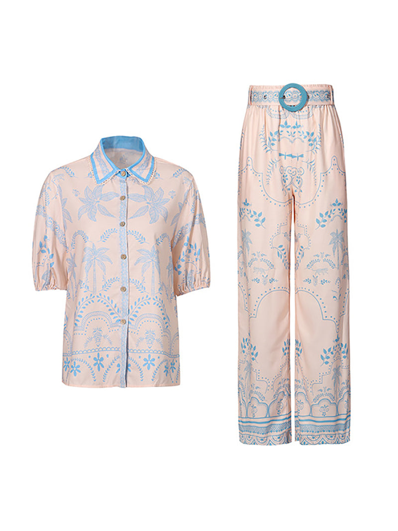 Print Puff Short Sleeve Shirt And Straight Pants Set