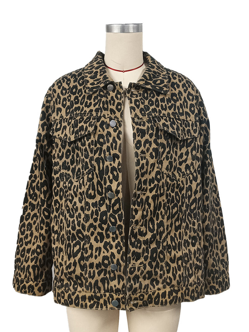 Street Casual Leopard Print Denim Jacket