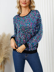 Rainbow Sequin Round Neck Pullover Top