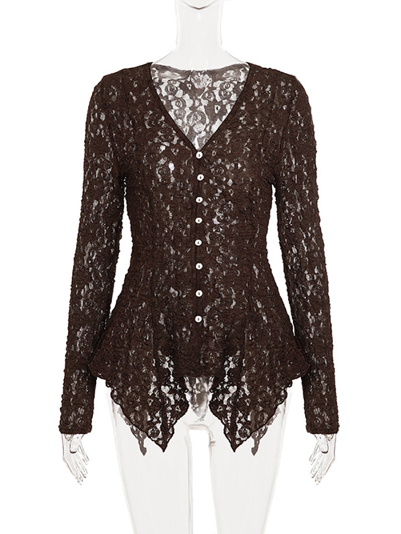 Elegant Lace V Neck Button Up Ruffles Slim Blouse