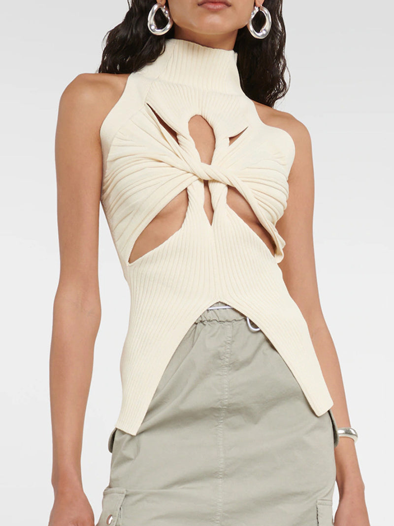 High Collar Cut out KnitTank Top