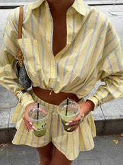 Striped Print Cinched Waist Crop Shirt And Pants Set
