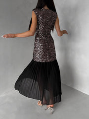 Fashion Round Neck Sequin Patchwork Mesh Maxi Dress