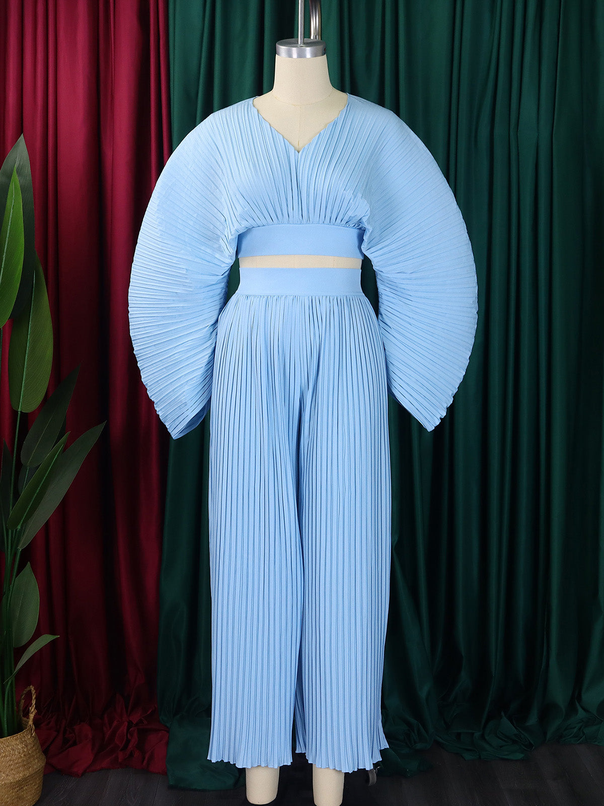 Fashion Loose Pleat Top Wide Leg Trousers Sets