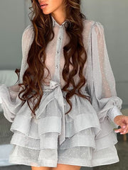 Fashion Polka Dot See through Ruffle Hem Belted Dress