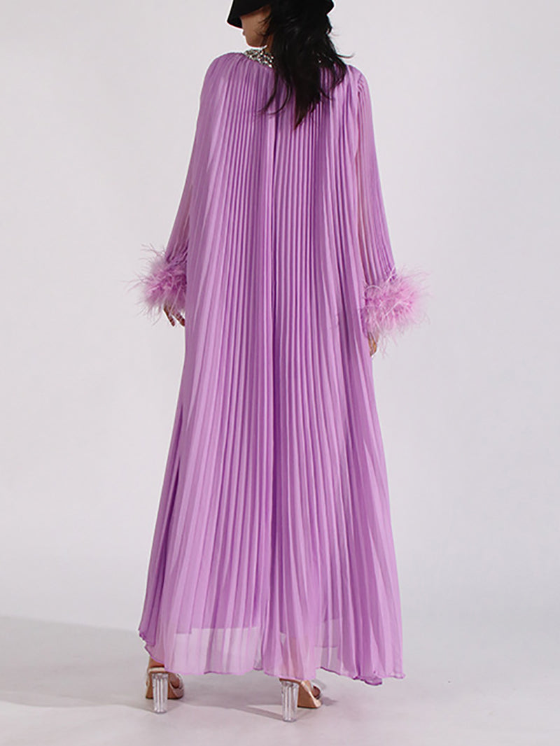 Round Neck Nail Bead Feather Cuffs Pleated Maxi Dress