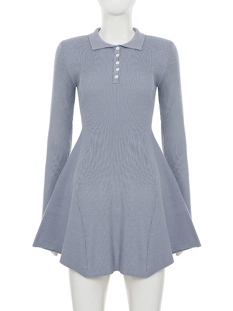 Fashion Polo Collar Button Sweater Mini Dress
