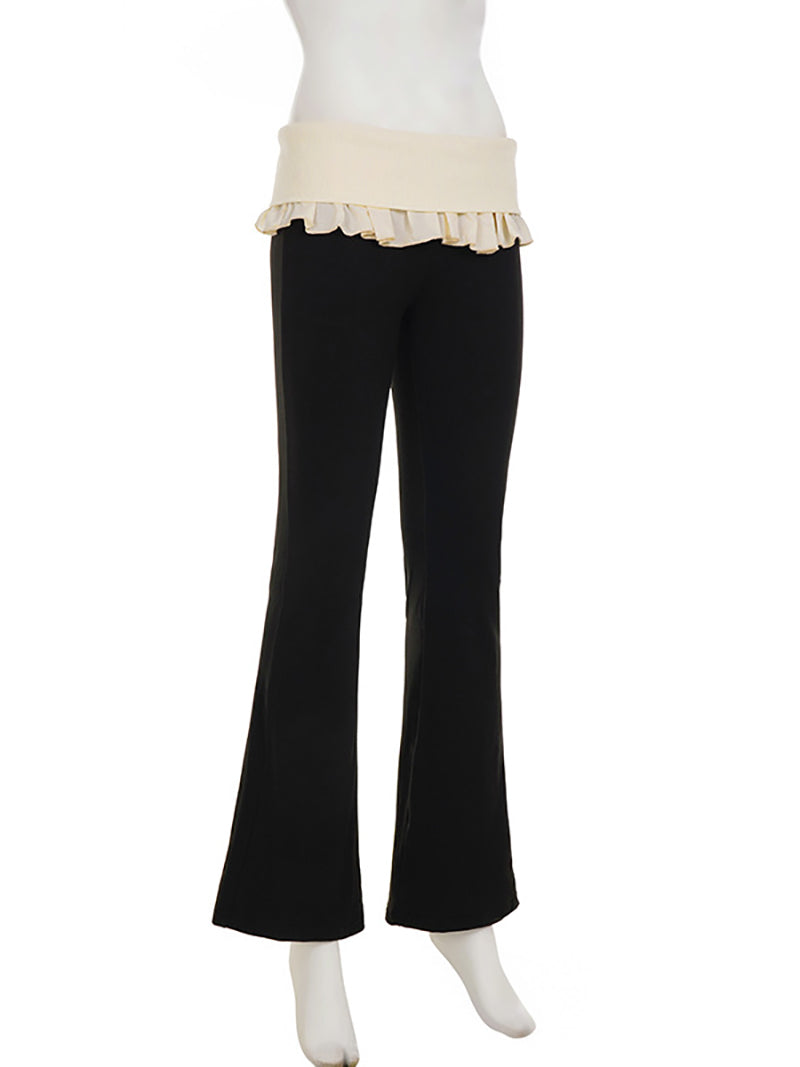 Casual Rib Knit Ruffles Patchwork Trousers