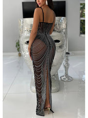Sexy Rhinestone Sheer Mesh Spaghetti Strap Maxi Dress