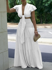 Short Sleeve Tied Top Wide Leg Pants Two Piece Set