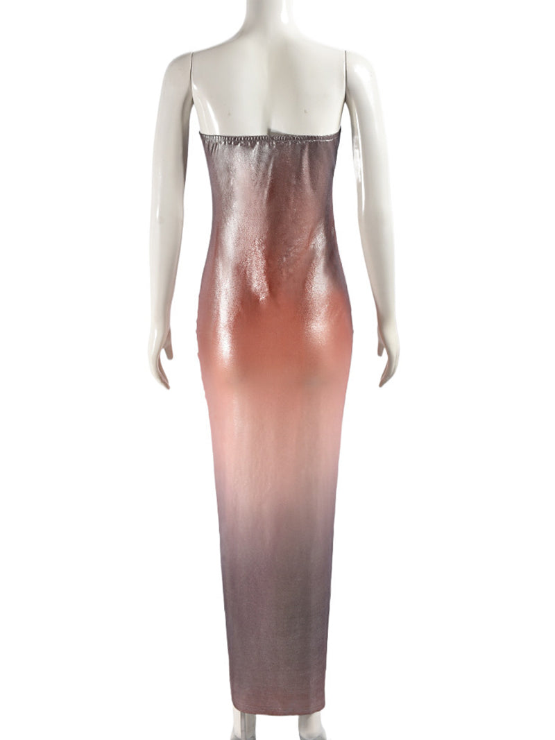 Strapless Gradient Sleeveless Shiny Slim Maxi Dress